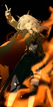 Rule 34 | 1girl, absurdres, arknights, arm at side, armband, ascot, belt, black ascot, black background, black belt, black cape, black gloves, black jacket, black skirt, buttons, cape, commentary, double-breasted, dragon girl, dragon horns, epaulettes, feet out of frame, fingerless gloves, fire, gloves, grey hair, hair between eyes, highres, horns, index finger raised, jacket, knee guards, long hair, long sleeves, looking up, multicolored jacket, n2i (n2i illust), orange armband, orange eyes, outstretched arm, parted lips, red cape, scabbard, sheath, sheathed, shirt, skirt, solo, standing, talulah (arknights), thigh belt, thigh strap, torn clothes, torn skirt, two-sided cape, two-sided fabric, two-tone jacket, weapon, white jacket, white shirt