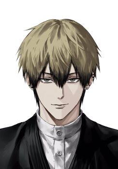 Rule 34 | 1boy, black hair, blonde hair, closed mouth, colored tips, ear piercing, earrings, hair between eyes, highres, japanese clothes, jewelry, jujutsu kaisen, looking at viewer, male focus, multicolored hair, piercing, portrait, short hair, simple background, solo, sso s, streaked hair, two-tone hair, white background, zen'in naoya