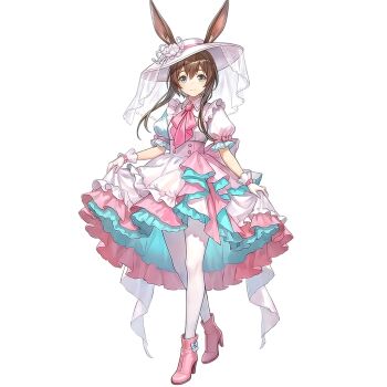 1girl amiya_(arknights) animal_ears apron arknights blue_eyes boots brown_hair commentary dress english_commentary frilled_dress frills hat high_heels looking_at_viewer muchdoge non-web_source pantyhose pink_apron pink_boots pink_dress puffy_short_sleeves puffy_sleeves rabbit_ears short_sleeves sidelocks solo sun_hat weimao white_background white_hat white_pantyhose