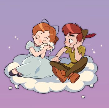 1boy 1girl black_shoes blue_bow blush boots bow brown_boots brown_hair closed_eyes dress full_body green_hat green_pantyhose green_tunic grey_dress hair_bow hat hat_feather head_on_hand highres indian_style kumao_(uexxww) long_dress looking_at_another nose_blush on_cloud pantyhose parted_bangs pointy_hat puffy_short_sleeves puffy_sleeves purple_background shoes short_sleeves sitting smile tunic twitter_username walt_disney&#039;s_peter_pan wendy_darling