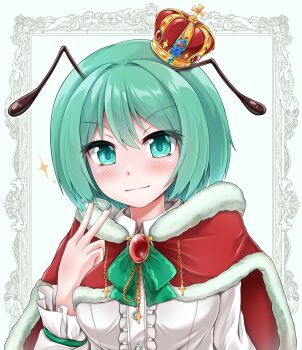 Rule 34 | 1girl, antennae, blush, bow, bowtie, breasts, brooch, cape, center frills, closed mouth, collared shirt, commentary request, crown, frills, fur-trimmed cape, fur trim, gem, green bow, green bowtie, green eyes, green hair, green nails, highres, jewelry, looking at viewer, medium breasts, mini crown, muki (munikichan), red cape, red gemstone, shirt, short hair, smile, solo, touhou, upper body, v, white background, white shirt, wriggle nightbug