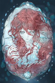 1girl absurdres anyloool closed_mouth colored_eyelashes crack cracked_skin crying crying_with_eyes_open eyelashes fingernails fins hair_between_eyes head_fins highres image_sample lips long_hair long_hair_between_eyes looking_down mihuashi_sample original pale_skin red_hair sample_watermark shell solo tears watermark wavy_hair