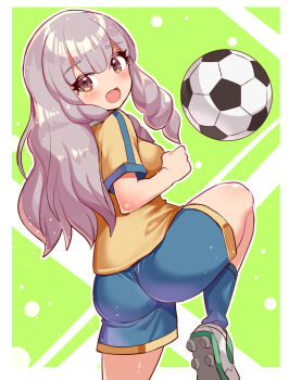1girl ass ball blush breasts brown_eyes drill_hair from_behind grey_hair long_hair looking_at_viewer looking_back medium_breasts open_mouth shorts sideboob smile soccer_ball soccer_uniform solo sportswear