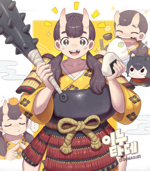 Rule 34 | 2girls, :3, absurdres, animal ears, armor, black hair, bowl, breasts, brown eyes, cat ears, chibi, chipped tooth, chopsticks, club, club (weapon), commentary request, cup, curvy, domaguri, dungeon meshi, eating, food, highres, holding, holding cup, horns, huge breasts, index fingers together, inutade, izutsumi, japanese armor, japanese clothes, korean commentary, low twintails, mandarin collar, mole, mole under eye, multiple girls, muneate, oni, onigiri, open mouth, puckered lips, red scarf, rice bowl, scarf, skin-covered horns, smile, spiked club, sweatdrop, twintails, weapon, wide hips