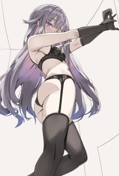 Rule 34 | 1girl, absurdres, bra, breasts, commentary, from below, garter belt, garter straps, grey hair, hair between eyes, highres, hololive, hololive english, koseki bijou, lingerie, long hair, panties, purple eyes, scarlet (wv0102), sketch, small breasts, solo, underwear, underwear only, untranslatable commentary, virtual youtuber, white background