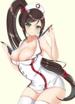 1girl akali akali_(legacy) bare_arms breasts brown_hair cleavage closed_mouth collarbone cowboy_shot cross dress floating_hair green_eyes hands_up hat highres holding holding_pen league_of_legends long_hair looking_at_viewer low-tied_long_hair medium_breasts mint_mia nurse nurse_akali nurse_cap pen red_cross short_dress simple_background smile solo thighhighs thighs very_long_hair white_dress white_thighhighs zettai_ryouiki