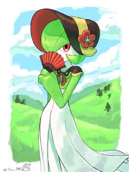 Rule 34 | 1girl, alternate color, arm at side, artist name, blue sky, bob cut, bonnet, border, brown bonnet, brown capelet, capelet, clothed pokemon, cloud, colored skin, covering own mouth, day, female focus, flat chest, flower, folding fan, gardevoir, gardevoir (fashionable), gen 3 pokemon, grass, green hair, green skin, hair over one eye, hand fan, hand up, hat, hat flower, hill, holding, holding fan, j.jama, looking at viewer, multicolored skin, neck ribbon, nintendo, one eye covered, outdoors, outside border, pokemon, pokemon (creature), pokemon unite, red eyes, red flower, red ribbon, ribbon, short hair, signature, sky, solo, standing, twitter username, two-tone skin, white border, white skin, yellow trim