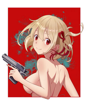 Rule 34 | 1girl, armpit crease, back, blonde hair, border, breasts, closed mouth, convenient censoring, desert eagle, flower, from behind, gun, hair ribbon, handgun, highres, holding, holding gun, holding weapon, large breasts, looking at viewer, looking back, lycoris recoil, ness (gyjn8442), nishikigi chisato, nude, red background, red eyes, red ribbon, ribbon, short hair, smile, solo, spider lily, trigger discipline, upper body, weapon, white border