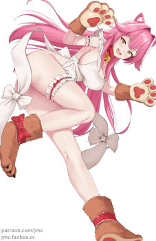 1girl animal_ears animal_hands apron blush breasts cat_paws cosplay fate/grand_order fate_(series) hair_intakes highres hololive hololive_english jmc5221 large_breasts long_hair looking_at_viewer multicolored_hair naked_apron open_mouth panther_ears panther_girl paw_shoes pink_hair raora_panthera simple_background smile solo streaked_hair tamamo_(fate) tamamo_cat_(fate) tamamo_cat_(third_ascension)_(fate) tamamo_cat_(third_ascension)_(fate)_(cosplay) thighs upper_body virtual_youtuber white_apron white_background yellow_eyes