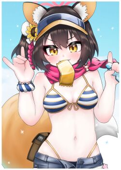 1girl absurdres animal_ear_fluff animal_ears bikini blue_archive blue_bikini blue_shorts blush breasts brown_hair closed_mouth commentary_request cowboy_shot double_fox_shadow_puppet fox_ears fox_girl fox_shadow_puppet fox_tail halo highleg highleg_bikini highres izuna_(blue_archive) izuna_(swimsuit)_(blue_archive) looking_at_viewer medium_breasts mouth_hold navel official_alternate_costume one_side_up open_clothes open_shorts pink_halo pink_scarf scarf shorts solo striped_bikini striped_clothes swimsuit tail tomimon v-shaped_eyebrows visor_cap yellow_eyes
