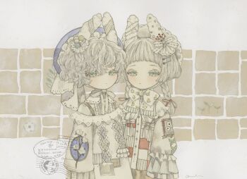 2girls acrylic_paint_(medium) animal_ears bag beret blunt_bangs blush bonnet bow bowtie braid brooch closed_mouth commentary cotton_(plant) curly_hair floral_print flower frilled_shirt_collar frilled_sleeves frills green_eyes grey_hair hair_flower hair_ornament hairclip half-closed_eyes handbag hat highres instagram_logo instagram_username jewelry karintoun lace lolita_fashion long_sleeves looking_at_viewer medium_hair multiple_girls muted_color neck_ribbon original painting_(medium) pale_skin patchwork_clothes pinafore postmark rabbit_ears ribbon short_hair signature simple_background standing straight_hair striped_clothes traditional_media twin_braids twitter_username twitter_x_logo upper_body watercolor_(medium) watermark