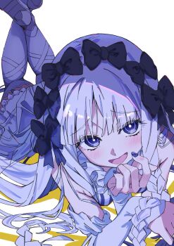 1girl :d bare_shoulders black_bow black_eyes black_nails blush bow braid braided_sidelock breasts bright_pupils commentary commentary_request crossed_legs detached_sleeves dress drop_shadow fate/strange_fake fate_(series) francesca_prelati_(fate) frilled_dress frills hair_bow high_heels highres legs_up long_hair long_sidelocks looking_at_viewer lying multiple_hair_bows nail_polish on_stomach open_mouth ringed_eyes shinshin_(ssnsn_oekaki) short_dress sidelocks simple_background small_breasts smile solo striped_clothes striped_dress the_pose thighhighs vertical-striped_clothes vertical-striped_dress very_long_hair white_background white_hair white_pupils white_thighhighs