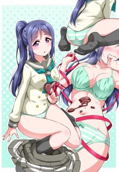 Rule 34 | 1girl, :o, aqua neckwear, ass, black socks, blue hair, blush, bra, breasts, buttons, candy, chocolate, chocolate heart, clothes pull, commentary request, double-breasted, food, food on body, green background, green bra, green panties, grey skirt, hair down, halftone, halftone background, hand to own mouth, head out of frame, heart, highres, holding, holding chocolate, holding food, holding heart, holding ribbon, long hair, looking at viewer, love live!, love live! sunshine!!, matsuura kanan, miniskirt, multiple views, nail polish, navel, neckerchief, no shoes, outline, panties, pink nails, pleated skirt, purple hair, red ribbon, ribbon, school uniform, serafuku, sidelocks, sitting, skirt, skirt pull, socks, stomach, striped clothes, striped panties, sweat, thighhighs, underwear, underwear only, uranohoshi school uniform, valentine, wariza, white outline, yopparai oni