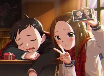 Rule 34 | 1boy, 1girl, blurry, blurry background, blush, bookshelf, brown hair, camera phone, cellphone, chalkboard, desk, drooling, gzy, heart, karakai jouzu no takagi-san, long hair, nishikata, phone, saliva, scarf, school desk, school uniform, selfie, sleeping, smartphone, smile, sunlight, takagi-san, upper body, v, valentine, window