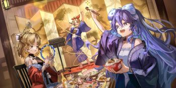 +_+ 3girls alternate_costume bead_bracelet bead_necklace beads blonde_hair blue_coat blush bottle bow bowl bracelet breasts chest_sarashi chopsticks coat cup dress drinking_glass fish_(food) folding_screen food food_request game_cg green_eyes hair_bow hair_bun highres holding holding_chopsticks holding_instrument holding_microphone instrument japanese_clothes jewelry kimono kurodani_yamame long_hair long_sleeves magnistr1 microphone mizuhashi_parsee mizuhashi_parsee_(land_of_the_oni_hashihime) multiple_girls music necklace official_art one_eye_closed open_clothes open_coat open_mouth plate pointy_ears print_kimono red_coat rice_bowl sarashi shrimp shrimp_tempura singing smile spider_web_print steam sweatdrop tambourine tempura third-party_source touhou touhou_lostword very_long_hair white_bow white_dress white_kimono wide_sleeves yorigami_jo&#039;on yorigami_shion yorigami_shion_(i_wanna_live_here!) yukata