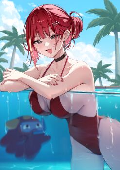 1girl absurdres akane_lize bare_arms bare_shoulders black_choker breasts brown_eyes choker cleavage commentary covered_navel cross cross_earrings earrings fang hair_bun hair_ornament hairclip halterneck highleg highleg_one-piece_swimsuit highres jewelry large_breasts long_hair looking_at_viewer mole mole_on_cheek multicolored_hair nail_polish one-piece_swimsuit open_mouth outdoors palm_tree partially_submerged partially_underwater_shot picter pienna_(akane_lize) red_hair red_nails red_one-piece_swimsuit sideboob smile solo stellive streaked_hair swimsuit thighs tree virtual_youtuber wet