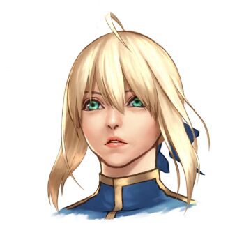 1girl ahoge artoria_pendragon_(fate) blonde_hair blue_eyes blue_ribbon cropped_shoulders fate/stay_night fate_(series) hair_ribbon long_hair madarao_56 portrait ribbon solo white_background