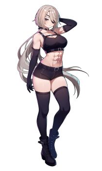 1girl abs absurdres arm_belt bare_shoulders belt belt_collar blonde_hair boots breasts chest_belt collar commission commissioner_upload crop_top elbow_gloves eyelashes eyepatch gloves grey_eyes hair_over_one_eye hair_ribbon hand_in_own_hair highres large_breasts long_bangs long_hair looking_at_viewer lydia_macarthur muscular muscular_female navel non-web_source original petite ponytail ribbon scar shorts sleeveless solo thighhighs thighs transparent_background wayanfa