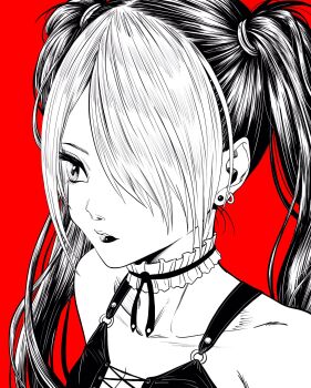 1girl breasts choker cleavage collarbone commentary_request criss-cross_strings earrings frilled_choker frills greyscale_with_colored_background hair_over_one_eye highres jewelry lee_(dragon_garou) lipstick long_hair makeup medium_breasts multicolored_hair multiple_earrings original portrait profile red_background solo twintails two-tone_hair