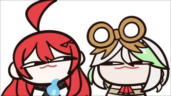 2girls :3 ahoge ascot black_eyes blue_fire cecilia_immergreen cecilia_immergreen_(1st_costume) chibi elizabeth_rose_bloodflame elizabeth_rose_bloodflame_(1st_costume) fire fire_on_chest green_hair half-closed_eyes hashtag-only_commentary highres hololive hololive_english huge_ahoge looking_at_another multiple_girls red_ascot red_hair simple_background smug virtual_youtuber white_background white_hair winding_key yinmelonsoup