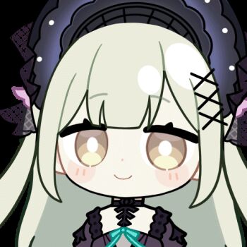 1girl animal_ears animated animated_gif arknights bang_dream! bang_dream!_it's_mygo!!!!! black_bonnet blunt_bangs blush_stickers bonnet bright_pupils chibi chibi_only chunye_haruya closed_mouth dot_nose floppy_ears gothic_lolita green_hair hair_ornament half-closed_eyes lolita_fashion long_hair looking_at_viewer lowres mortis_(bang_dream!) mortis_(persona)_(bang_dream!) rabbit_ears rabbit_girl shaded_face sidelocks simple_background smile solo transparent_background upper_body wakaba_mutsumi wakaba_mutsumi_(marionette's_id) white_pupils x_hair_ornament yellow_eyes