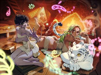 1boy 2girls arm_tattoo ass black_hair black_sclera blonde_hair breasts colored_sclera colored_skin cover cover_page dark-skinned_female dark_skin earrings facial_mark fiendish fire fireplace grey_hair jewelry kionaoki large_breasts long_hair looking_at_viewer lying multiple_girls naked_towel on_stomach pendant pointy_ears purple_skin red_eyes short_hair sitting small_breasts tail tattoo towel watermark watermark_grid yeomi_(fiendish)