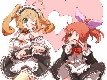 2girls ;d ;q abe_nana ahoge apron bad_id bad_twitter_id bare_shoulders black_dress blonde_hair blush bow breasts brown_eyes cleavage commentary_request cowboy_shot detached_collar detached_sleeves dress flower frilled_apron frilled_dress frills green_eyes hair_bow hair_flower hair_ornament hands_up heart heart_ahoge heart_hands highres idolmaster idolmaster_cinderella_girls image_sample inactive_account long_hair looking_at_another maid maid_headdress medium_breasts multiple_girls one_eye_closed open_mouth orange_hair orange_ribbon pink_bow ponytail red_bow ribbon ruru_ashihara sato_shin see-through_clothes see-through_sleeves smile standing tongue tongue_out twintails twitter_sample v v_over_eye waist_apron white_apron wing_hair_ornament wrist_cuffs