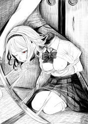 Rule 34 | 1girl, absurdres, bound, bow, bowtie, breasts, collared shirt, commentary request, crying, crying with eyes open, decapitation, disorder!, dress shirt, execution, fusuma, greyscale, hairband, highres, indoors, medium breasts, monochrome, nipples, one eye closed, open clothes, open shirt, original, pleated skirt, red eyes, school uniform, seiza, shirt, short hair, sitting, skirt, sliding doors, snot, solo focus, spot color, sweat, tatami, tears, tied up (nonsexual), white shirt
