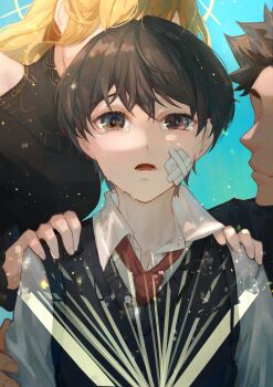 1boy 2others absurdres bandage_on_face bandages black_dress black_vest book collared_shirt commentary_request crying crying_with_eyes_open dress eye_reflection hand_on_another&#039;s_shoulder highres kim_dokja lee_hyunsung light_particles looking_at_viewer multiple_others necktie oldest_dream omniscient_reader&#039;s_viewpoint open_book open_mouth out_of_frame red_necktie reflection sanjinmogufufu shirt tears upper_body uriel_(omniscient_reader&#039;s_viewpoint) vest white_shirt wide-eyed