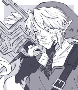 1boy 1girl angry bandage_on_face bandages bandaid bandaid_on_face colored_skin dirty dirty_face fangs grabbing_another's_chin hand_on_another's_chin helmet highres imp link looking_at_another midna multicolored_skin nintendo one_eye_covered open_mouth pichichustudio pointy_ears the_legend_of_zelda the_legend_of_zelda:_twilight_princess two-tone_skin very_long_ears