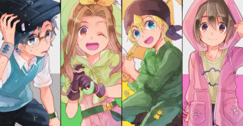 2boys 2girls :d ;d bag bandana black_gloves black_pants blonde_hair blue_eyes blue_hair blue_sweater brown-framed_eyewear brown_eyes brown_hair capelet cardigan closed_mouth collarbone collared_shirt digimon digimon_adventure dress_shirt gloves green_capelet green_pants green_shirt hair_intakes holding holding_umbrella hood hood_up hooded_cardigan kido_jo konagonana long_hair looking_at_viewer multiple_boys multiple_girls one_eye_closed open_cardigan open_clothes open_mouth over-rim_eyewear pants pink_cardigan print_shirt semi-rimless_eyewear shirt short_hair short_sleeves smile split_screen sweatdrop sweater sweater_vest tachikawa_mimi takaishi_takeru umbrella upper_body watch white_shirt wing_collar wristwatch yagami_hikari