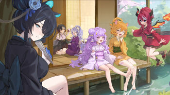 6+girls absurdres alternate_costume alternate_hairstyle animal_ears aqua_eyes artist_request asymmetrical_horns bandaged_leg bandages bare_legs bare_shoulders barefoot black_hair black_kimono blue_hair blunt_bangs bow brown_socks cherry_blossoms curled_horns day detached_sleeves double_bun dragon_girl dragon_horns dragon_tail eimi_isami erina_makina fiery_wings floating flower folding_fan frilled_kimono frills fusuma hair_between_eyes hair_bow hair_bun hair_flaps hair_flower hair_ornament hair_over_one_eye hair_up hairclip hand_fan heterochromia highres holding holding_fan horns japanese_clothes kannagi_loki kimono kimono_skirt kneeling laughing long_hair looking_at_another looking_at_viewer messy_hair multicolored_hair multiple_girls muu_muyu obi official_art official_wallpaper okobo orange_hair orange_kimono outdoors phase_connect phase_connect_jp pink_eyes platform_sandals purple_eyes purple_hair purple_kimono red_hair red_kimono sandals sash saya_sairroxs shisui_michiru_(phase_connect) short_hair sitting sleeveless sleeveless_kimono sliding_doors snake snake_on_shoulder socks splashing streaked_hair stream swept_bangs tabi tail tatami teeth two-tone_hair upper_teeth_only veranda virtual_youtuber wavy_mouth white_kimono white_snake wings yellow_bow yukata