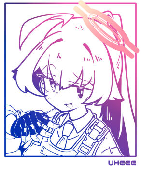 absurdres ahoge black_gloves blue_archive blue_necktie collared_shirt colored_lineart fingerless_gloves gloves halo heterochromia hexaa highres hoshino_(armed)_(blue_archive) hoshino_(blue_archive) hoshino_(first_year)_(blue_archive) huge_ahoge military_uniform monochrome necktie pink_hair pink_halo portrait shirt smile