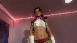 3d absurdres alternate_costume alternate_hairstyle animated audible_music bedroom black_hair bow bowtie brown_eyes crop_top cropped_torso dark-skinned_female dark_skin flower hair_flower hair_ornament highres indoors lily_hawk long_torso midriff sleeveless smile sound street_fighter street_fighter_6 tagme vest video virt-a-mate