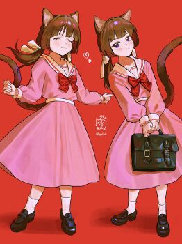 1girl absurdres animal_ears bag black_shoes bow bowtie brown_hair cat_ears cat_girl cat_tail closed_eyes closed_mouth commentary dress hair_ribbon highres holding holding_bag kagenoyuhi leaning_to_the_side loafers long_hair long_sleeves looking_at_viewer low_twintails multiple_views original pink_dress purple_eyes red_background red_bow red_bowtie ribbon sailor_collar sailor_dress shoes signature simple_background socks symbol-only_commentary tail twintails white_sailor_collar white_socks