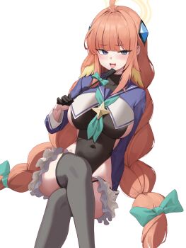 1girl absurdres ahoge aqua_neckerchief black-framed_eyewear black_gloves black_leotard blue_archive blue_eyes blue_sailor_collar blue_shrug bow braid breasts covered_navel crossed_legs feet_out_of_frame garter_straps gloves grey_thighhighs hair_bow half_gloves halo hand_up head_wings highleg highleg_leotard highres holding holding_riding_crop large_breasts leotard long_hair long_sleeves looking_at_viewer neckerchief official_alternate_costume open_mouth orange_hair pharamacom riding_crop sailor_collar shimiko_(blue_archive) shimiko_(magical)_(blue_archive) shrug_(clothing) sideboob simple_background sitting smile solo thighhighs twin_braids twintails very_long_hair white_background wings
