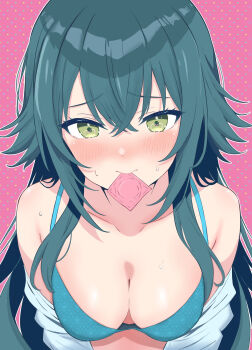 bare_shoulders blue_bra blush bra breasts cleavage clothes_down comiket_106 condom condom_in_mouth condom_wrapper crossed_bangs gakuen_idolmaster green_eyes green_hair hair_between_eyes highres idolmaster long_hair looking_at_viewer mouth_hold nose_blush ocha_(wnyf3738) pink_background polka_dot polka_dot_background sweat tsukimura_temari underwear