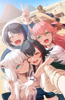 6+girls ahoge animal_ears arm_up black_bow black_bowtie black_hair blue_eyes blue_nails blue_shorts blush bow bowtie bridal_gauntlets cat_ears cat_girl cat_tail character_request closed_eyes collared_shirt commentary_request day dog_girl dog_tail earrings fox_ears fox_girl frilled_bridal_gauntlets frilled_sleeves frills gotointhepark great_pyramid_of_giza great_sphinx_of_giza green_eyes hair_between_eyes highres hololive hug hug_from_behind inugami_korone inugami_korone_(1st_costume) jewelry long_hair looking_at_viewer multicolored_hair multiple_girls navel nekomata_okayu nekomata_okayu_(1st_costume) official_alternate_costume one_eye_closed ookami_mio ookami_mio_(street) oozora_subaru open_mouth outdoors pink_hair purple_hair pyramid pyramid_(structure) red_hair sakura_miko shirakami_fubuki shirakami_fubuki_(street) shirt short_shorts short_sleeves shorts stomach streaked_hair tail teeth ufo v virtual_youtuber white_bridal_gauntlets white_hair white_shirt wolf_ears wolf_girl yellow_eyes