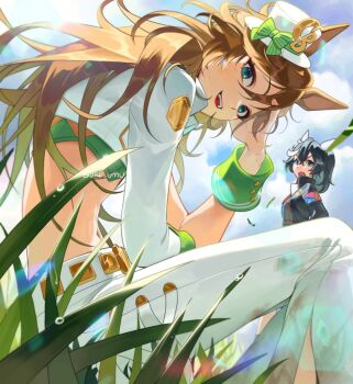 ahoge animal_ears breasts brown_hair choker ear_covers green_shirt hair_between_eyes hair_ornament hairclip hat horse_ears horse_girl horse_tail jacket katsuragi_ace_(dragon_rising_to_the_top)_(umamusume) katsuragi_ace_(umamusume) long_hair long_sleeves looking_at_viewer mini_hat mini_top_hat mr._c.b._(clear_bliss)_(umamusume) mr._c.b._(umamusume) multiple_girls pants shirt single_sleeve single_wrist_cuff smile strapless strapless_shirt tail top_hat umamusume uri_umu white_pants wrist_cuffs yellow_choker