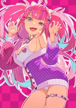 1girl absurdres ahoge bandaid bandaid_hair_ornament bone_hair_ornament bra breasts button_hair_ornament candy_hair_ornament cleavage collar crescent crescent_hair_ornament demon_girl demon_horns food-themed_hair_ornament hair_ornament heart heart_ahoge heart_print highres horns ironmouse ironmouse_(decora) ironmouse_outfit_art_contest jewelry large_breasts lollipop_hair_ornament long_hair looking_at_viewer mozzu123 multicolored_hair open_mouth pajamas pink_background pink_hair pink_pajamas purple_eyes purple_hair purple_nails purple_pajamas purple_streaks rabbit_hair_ornament ring sharp_teeth sparkle_hair_ornament spiked_collar spiked_thigh_strap spikes strawberry_hair_ornament streaked_hair teeth thighs twintails two-tone_pajamas underwear virtual_youtuber vshojo white_bra white_horns