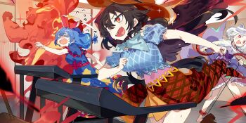 >_< 3girls animal_ears anklet artist_request bandana bear_trap black_wings blue_dress blue_shirt breasts brown_hair brown_hat cowboy_hat crescent_print dog_ears dog_girl dog_tail dress earclip exercising falling_feathers feathers flexing flying_sweatdrops game_cg grey_hair hat highres horse_tail jewelry kurokoma_saki long_hair mitsugashira_enoko multicolored_hair multiple_girls off-shoulder_shirt off_shoulder official_art open_mouth print_dress puffy_short_sleeves puffy_sleeves purple_hair rabbit_ears rabbit_girl red_eyes seiran_(touhou) shirt short_sleeves smile star_(symbol) star_print sweat tail third-party_source touhou touhou_lostword treadmill two-tone_hair wings wolf_spirit_(touhou)