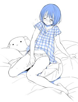 1girl barefoot bed_sheet blue_hair blush bob_cut closed_eyes dot_nose double-parted_bangs female_masturbation frilled_panties frills heavy_breathing knees_together_feet_apart loli masturbation monochrome nightgown nose_blush open_mouth original panties partially_colored sekiya_asami sheet_grab sitting solo stuffed_toy sweat thighs trembling underwear