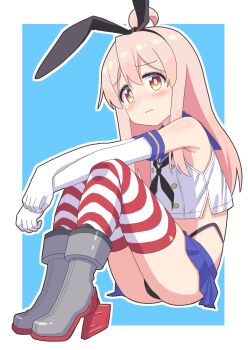 1girl ahoge animal_ears blue_sailor_collar blush changaa cosplay elbow_gloves embarrassed fake_animal_ears genderswap genderswap_(mtf) gloves high_heels highres kantai_collection legs loli long_hair miniskirt onii-chan_wa_oshimai! orange_eyes oyama_mahiro pink_hair sailor_collar shimakaze_(kancolle) shimakaze_(kancolle)_(cosplay) shirt sitting skirt sleeveless sleeveless_shirt solo striped_clothes striped_thighhighs thighhighs thighs thong wavy_mouth