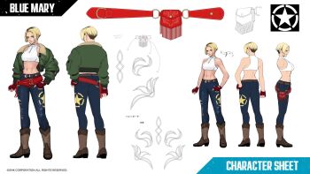 1girl bag belt blonde_hair blue_mary boots breasts brown_boots character_name commentary crop_top english_commentary fatal_fury fatal_fury:_city_of_the_wolves fur_collar green_jacket highres jacket large_breasts multiple_views navel official_art open_clothes open_jacket reference_sheet satchel standing star_(symbol) star_print stomach turnaround