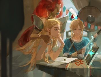 Rule 34 | 1boy, 2girls, aqua nails, aqua tunic, arm around shoulder, bare shoulders, blonde hair, blue leotard, braid, crown braid, dark-skinned female, dark skin, detached sleeves, dress, earrings, elon musk, fingerless gloves, gerudo, gloves, gold bar, gold choker, green eyes, hair between eyes, hashtag-only commentary, highres, hoop earrings, jewelry, kakyoriya, leotard, link, long hair, medium hair, multiple girls, nintendo, parted bangs, pointy ears, polishing, princess zelda, quill, red hair, sidelocks, the legend of zelda, the legend of zelda: breath of the wild, tunic, urbosa, white dress