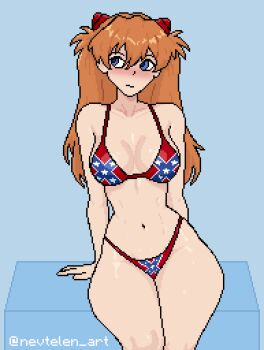 1girl :/ arm_support bikini blue_background blue_eyes blush box breasts cleavage collarbone confederate_flag confederate_flag_bikini cowboy_shot flag_print flag_print_bikini hair_ornament interface_headset_(evangelion) long_hair looking_to_the_side medium_breasts navel neon_genesis_evangelion nevtelen nose_blush on_box orange_hair pixel_art print_bikini simple_background sitting sitting_on_box solo souryuu_asuka_langley swimsuit twitter_username watermark