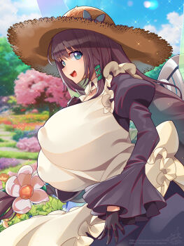 1girl :d apron black_gloves blue_bow blue_eyes blue_flower blush bow breasts brown_hair bush cherry_blossoms collar covered_erect_nipples daphne_(last_origin) detached_collar field flower flower_field garden gloves grass hair_between_eyes hair_ornament half_gloves hat hat_bow highres huge_breasts juliet_sleeves last_origin leaf lens_flare light_particles long_hair long_sleeves looking_at_viewer maid maid_apron open_mouth orange_flower path pink_flower pixiv_id plant puffy_sleeves purple_flower red_flower road signature smile solo sparkle straw_hat teeth tongue tree twitter_username umigarasu_(kitsune1963) upper_teeth_only very_long_hair white_collar white_flower x_hair_ornament yellow_flower