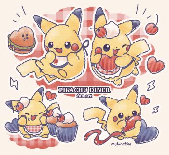 apron artist_name bib burger cherry commentary_request cupcake food fruit gen_1_pokemon heart highres holding ketchup ketchup_bottle mofucoffee nintendo no_humans one_eye_closed open_mouth pikachu pokemon pokemon_(creature) smile whipped_cream white_background