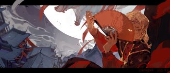 1boy ^_^ architecture armor black_border black_robe border brown_hair building closed_eyes closed_mouth curtained_hair dated east_asian_architecture eyeliner eyewear_strap facing_viewer feet_out_of_frame folding_fan full_armor glasses hand_fan hands_up hashtag-only_commentary highres holding holding_fan jewelry letterboxed long_hair long_sleeves luo_xiaohei_zhanji makeup male_focus necklace one_eye_covered outside_border parted_bangs paw_print puffy_long_sleeves puffy_sleeves red_eyeliner red_shirt robe round_eyewear shirt short_eyebrows sitting smile smoke solo tassel tiger upper_body ximuzi xingji20108