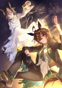 2girls ahoge animal_ears belt between_fingers black_belt black_gloves black_hair black_jacket black_necktie black_pants black_shoes blazer blue_eyes brown_hair card closed_mouth collared_shirt commentary_request cup dream_journey_(snow-white_dreamland)_(umamusume) dream_journey_(umamusume) dress ear_covers ear_ornament glasses gloves green_socks grin gul_(parfaitgul) hair_between_eyes head_tilt highres holding holding_card holding_cup horse_ears horse_girl jacket jewelry long_dress long_hair long_sleeves looking_at_viewer multicolored_hair multiple_girls nakayama_festa_(festival_game)_(umamusume) nakayama_festa_(umamusume) necklace necktie pants pouring purple_eyes shirt shoes single_ear_cover single_glove smile socks streaked_hair thigh_strap umamusume white_dress white_hair white_shirt